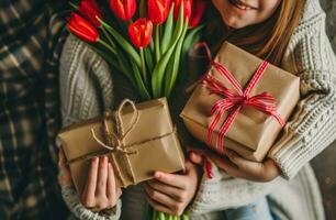 ai gerado amoroso mães com apresenta com tulipas e ramalhete foto