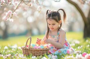 ai gerado pequeno menina com cesta colecionar colorida Páscoa ovos para uma piquenique dentro a parque foto