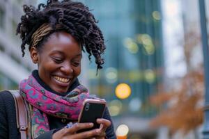 ai gerado feliz africano americano mulher segurando dela Smartphone lado de fora foto