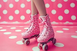 ai gerado Rosa rolo patins em Rosa fundo com branco polca pontos foto