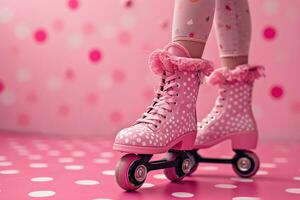 ai gerado Rosa rolo patins em Rosa fundo com branco polca pontos foto