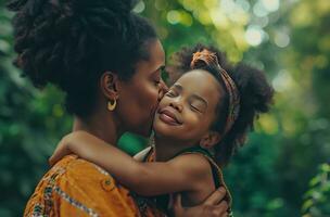 ai gerado mãe se beijando filha em a bochecha foto