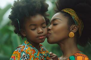 ai gerado mãe se beijando filha em a bochecha foto