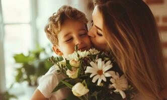 ai gerado mãe Beijos filho às casa segurando flores para mães dia foto