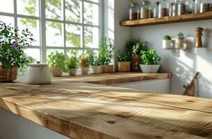 ai gerado cozinha bancada fundo ou interior cozinha dentro branco com de madeira bancada às a coração do moderno cozinha foto