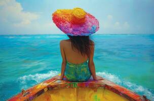 ai gerado a menina dentro a arco Iris chapéu sentado em topo do uma barco dentro a oceano foto