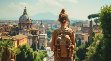 ai gerado mulher segurando mochila olhando às Roma Horizonte com cidade Visualizações, foto