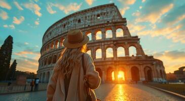 ai gerado mulher segurando mochila olhando às Roma Horizonte com cidade Visualizações, foto