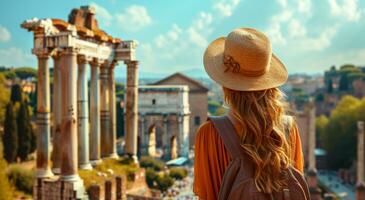 ai gerado mulher segurando mochila olhando às Roma Horizonte com cidade Visualizações, foto