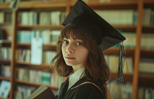 ai gerado jovem fêmea aluna vestindo Preto boné e vestido segurando diploma foto