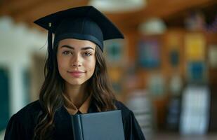 ai gerado jovem fêmea aluna vestindo Preto boné e vestido segurando diploma foto