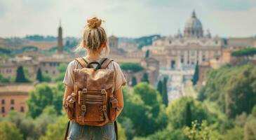 ai gerado mulher segurando mochila olhando às Roma Horizonte com cidade Visualizações, foto