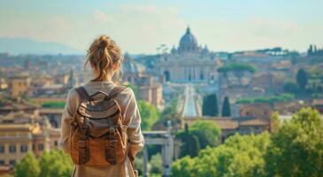 ai gerado mulher segurando mochila olhando às Roma Horizonte com cidade Visualizações, foto