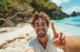 ai gerado uma homem é levando uma selfie enquanto em uma de praia e fazer a Paz placa foto