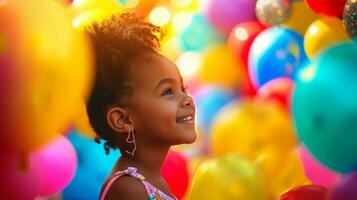 ai gerado uma pequeno menina é sorridente às a brilhante cores do balões foto