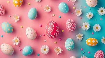ai gerado uma composição do festivo elementos, a partir de ovos para coelhos, oferta uma animado atmosfera para promoções foto