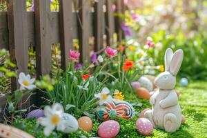 ai gerado uma encantador jardim cena com Páscoa decorações, criando uma alegre atmosfera para anúncios foto