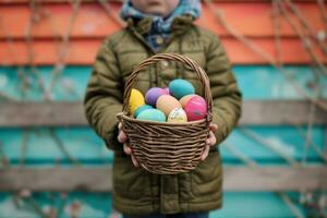 ai gerado uma criança segurando uma cesta do Páscoa ovos foto