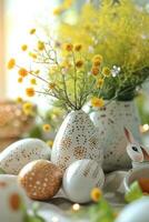 ai gerado uma composição do festivo elementos, a partir de ovos para coelhos, oferta uma animado atmosfera para promoções foto