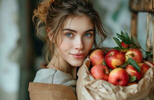 ai gerado uma mulher segurando Comida dentro uma papel saco foto