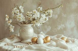 ai gerado uma mesa com uma vaso do branco flores e dourado ovos foto