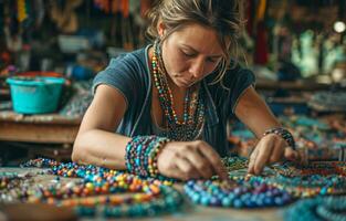 ai gerado uma mulher trabalhando em uma talão colar com miçangas e miçangas foto