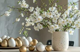 ai gerado uma mesa com uma vaso do branco flores e dourado ovos foto