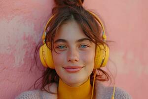 ai gerado uma jovem mulher ouvindo para música com amarelo fones de ouvido foto