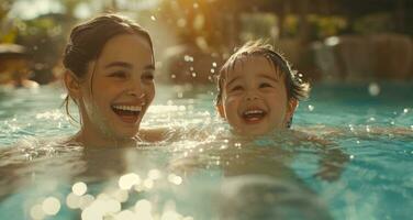 ai gerado bebê e mãe dentro natação piscina rindo e jogando foto