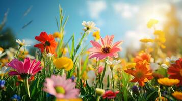 ai gerado uma primavera cena apresentando vibrante flores, evocando a frescor do a estação para publicidade felicidade foto