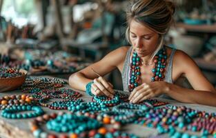 ai gerado uma mulher trabalhando em uma talão colar com miçangas e miçangas foto