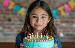 ai gerado uma jovem menina detém uma aniversário bolo e posando foto