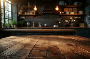 ai gerado uma de madeira mesa dentro a cozinha com de madeira luzes foto