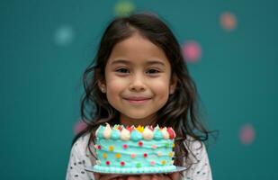 ai gerado uma jovem menina detém uma aniversário bolo e posando foto