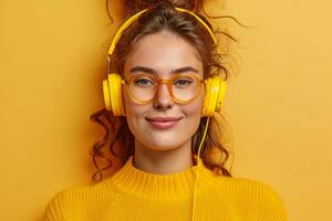 ai gerado uma jovem mulher ouvindo para música com amarelo fones de ouvido foto