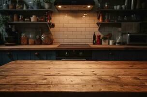 ai gerado Sombrio cozinha em topo do de madeira mesa de madeira mesa foto