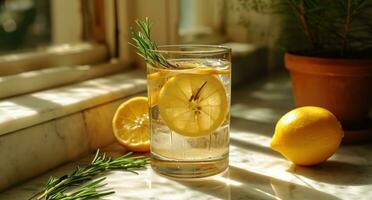 ai gerado adicionar quente água para limão e alecrim refrescante, delicioso, e saudável foto