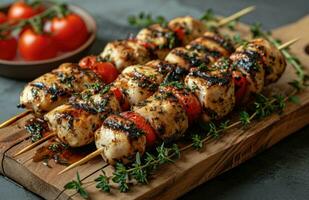 ai gerado grelhado frango em kabob com tomates e Tomilho em uma de madeira borda foto