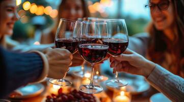 ai gerado pessoas às uma jantar mesa beber vinho foto