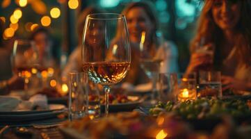 ai gerado pessoas às uma jantar mesa beber vinho foto