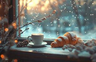 ai gerado café e croissant Próximo para uma janela assento com neve foto