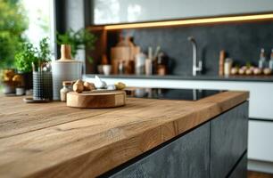 ai gerado regenerando a moderno cozinha com madeira contador tops foto