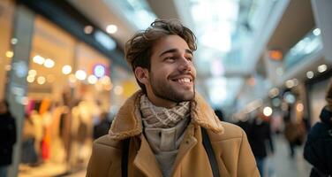 ai gerado jovem homem enquanto compras às Shopping foto