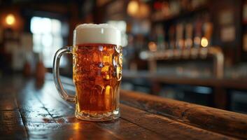 ai gerado uma caneca do Cerveja às uma Barra dentro frente do pessoas foto