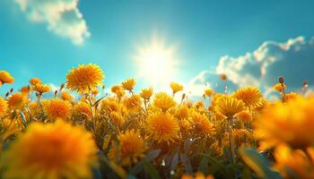 ai gerado uma Prado com amarelo dentes de leão e Sol foto