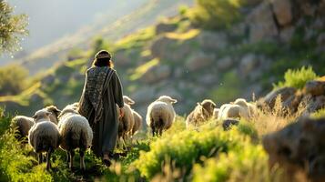 ai gerado Jesus Cristo, Boa pastor e rebanho do ovelha foto