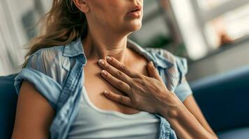 ai gerado caucasiano mulher com peito dor. coração ataque paciente. foto