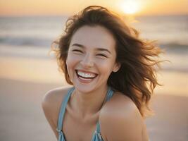 ai gerado jovem mulher rindo alegremente às a beira-mar de praia às pôr do sol foto