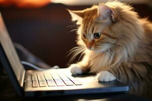 ai gerado fofa fofo gato sentado e jogando com computador portátil computador foto