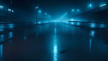 ai gerado Sombrio molhado, esvaziar rua às noite, azul luzes da rua, reflexões do raios dentro a água, abstrato Sombrio azul fundo, fumaça, poluição, névoa, esvaziar Sombrio cena, néon luz, holofotes foto